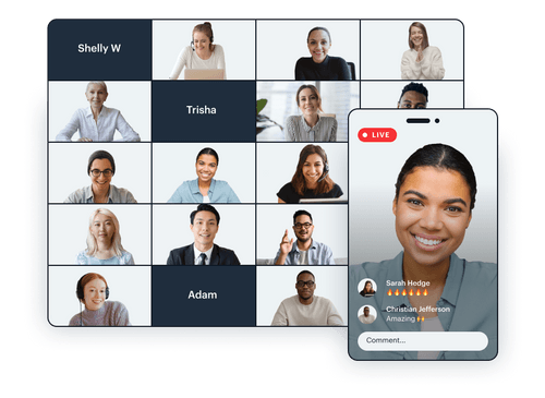 A graphical representation of a video conferencing screen with multiple participants. The main screen is divided into smaller grids, each showing a different person. One participant is highlighted in a larger frame in the foreground, smiling at the camera. On the top right, there's a 'LIVE' indicator. On the device's screen below the video grid, there's an interactive comment section with a comment from 'Sarah Hodge' and a highlighted comment from 'Christian Jefferson' with the text 'Amazing 😍'.