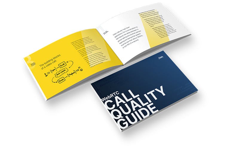 An open and a closed brochure lying on a flat surface. The open brochure has a yellow left page with diagrams and text annotations about video call setup, while the right page contains paragraphs of text. The cover of the closed brochure, in deep blue, features the title 'WebRTC Call Quality Guide' in large white letters.