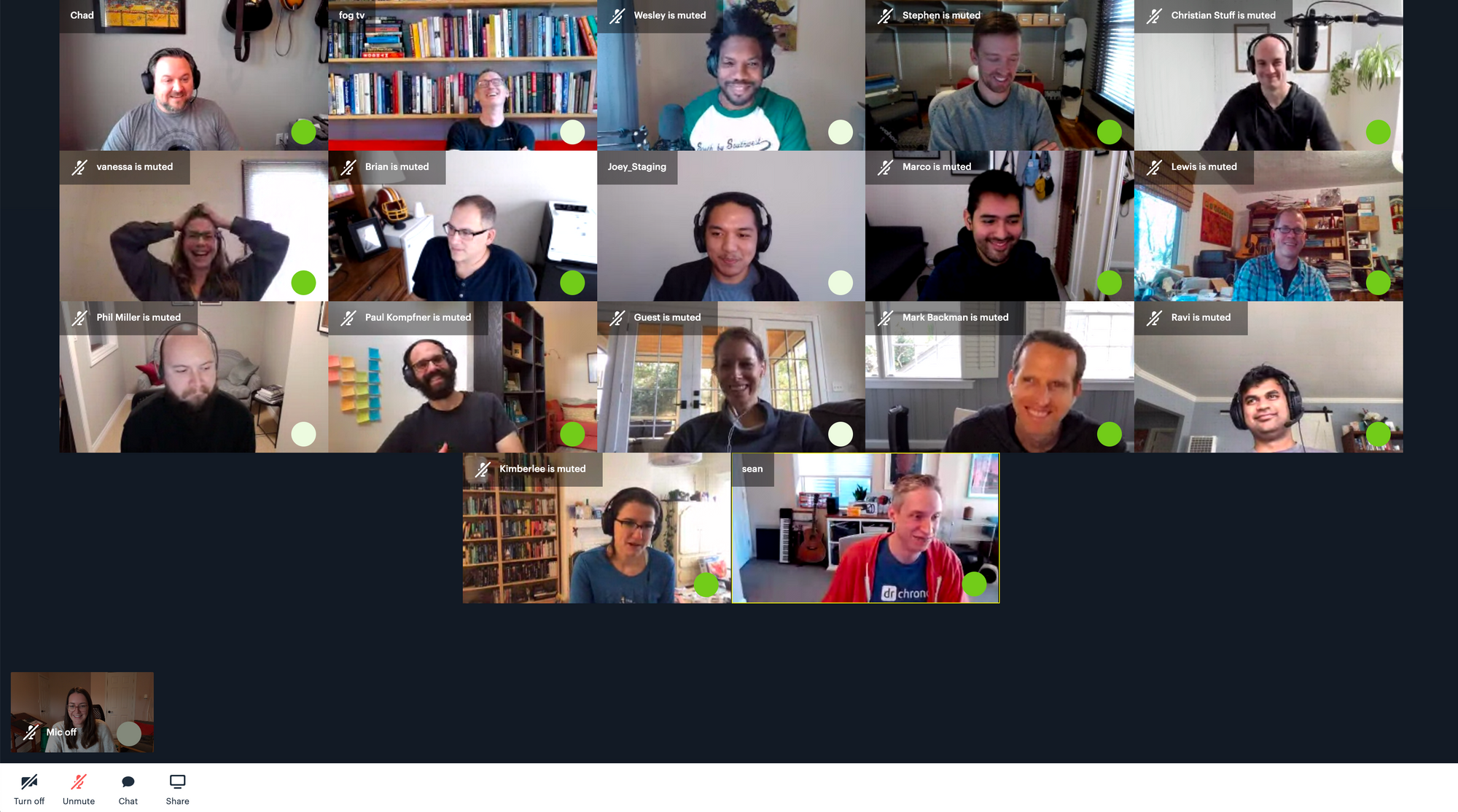 Video call with green dots demonstrates who is speaking