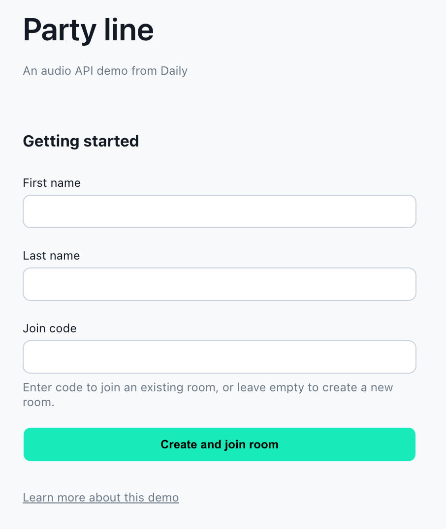 The join/create page for Party Line