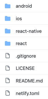 Screenshot of project directory with folders that read android, ios, react-native-react, plus gitignore, license, readme, and netlify.toml