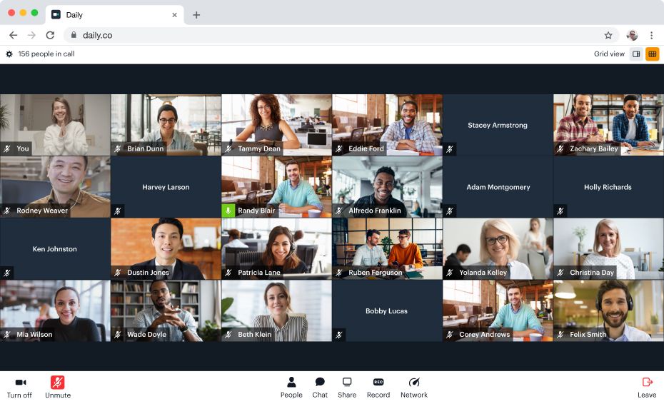 Screenshot of the grid view in the Daily prebuilt video chat interface