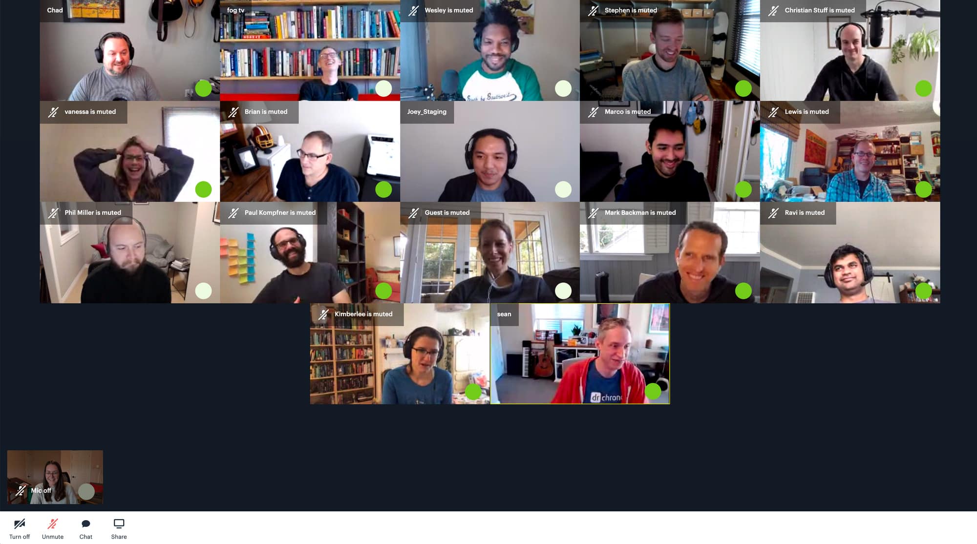 Video call with green dots demonstrates who is speaking