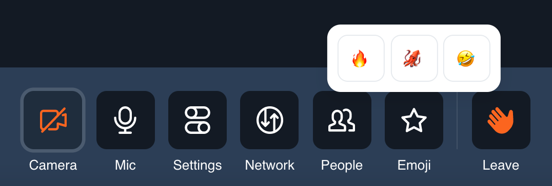Icons at the bottom of a video call for call controls, Star icon on click reveals three emoji