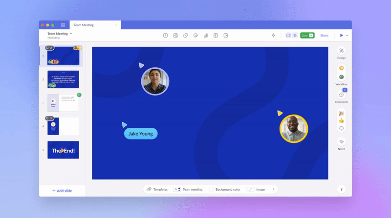 Pitch UI showing live collaboration video chat.