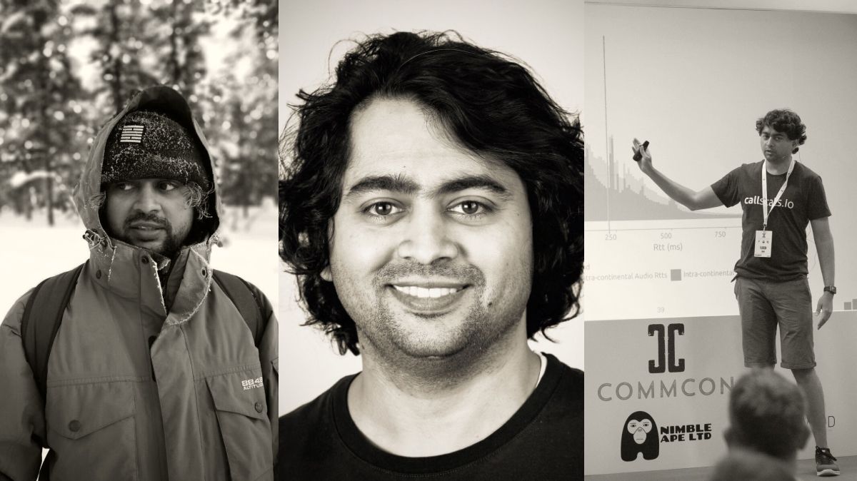 A collage of three images showing Varun in different settings, from L to R: Varun in an outdoor snowy setting; his headshot; and finally Varun speaking at a conference (CommCon) 