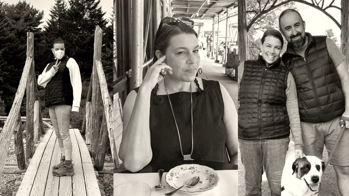 A collage of three photos showing Sarah Milstein in different settings: first, throwing a peace sign while trail hiking; second, smiling over a finished dessert plate at a restaurant; third, huddled with her partner and St. Bernard-mix dog. 