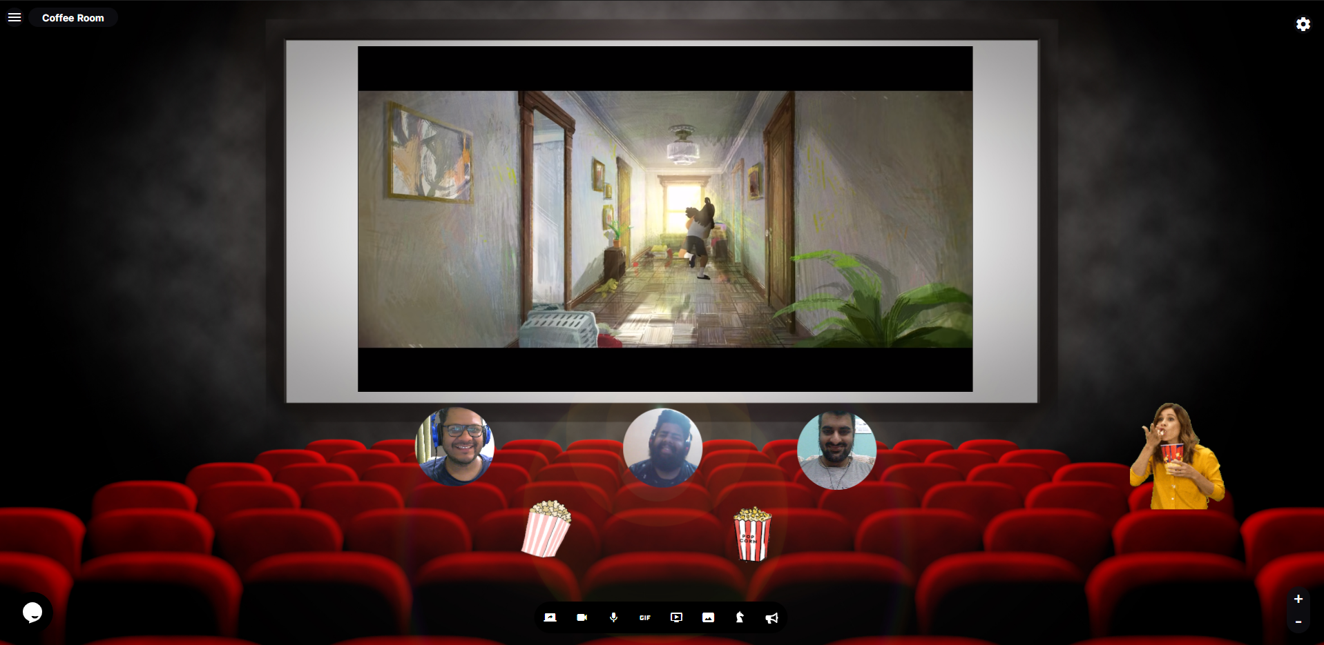 A virtual movie screen shows a film in the background while three friends watch via video call. 