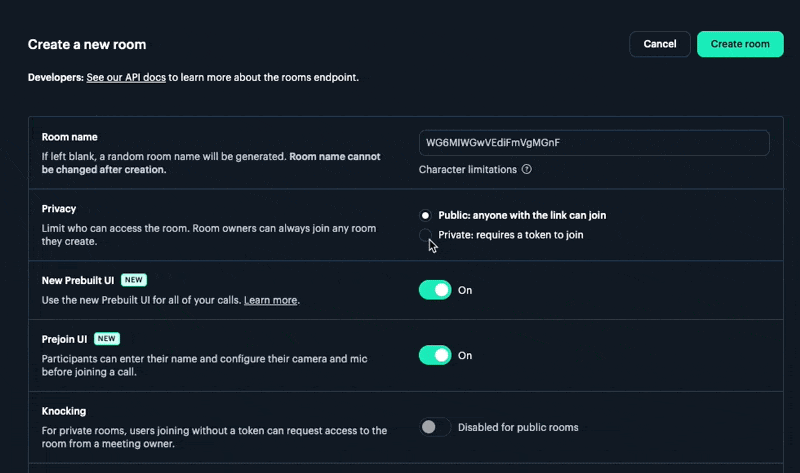 Cursor on Daily dashboard create room page toggles the privacy setting to Private