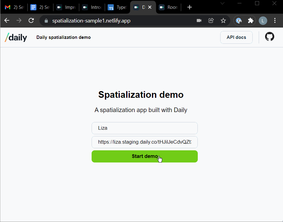 Clicking "Start demo" to join the world, clicking "Leave" to go back to the entry form.