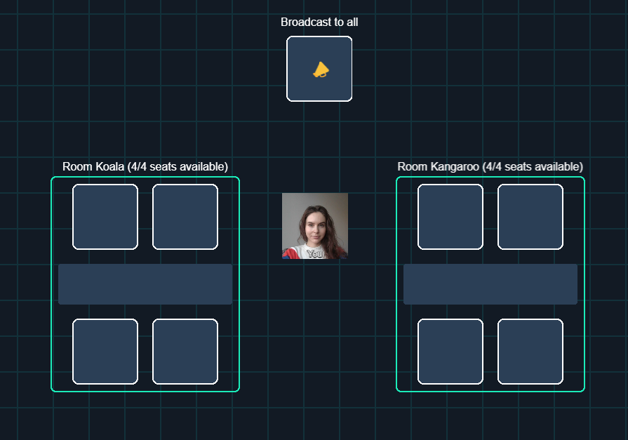 A participant video tile in a 2D world grid with two desks on either side and a broadcast spot above them.