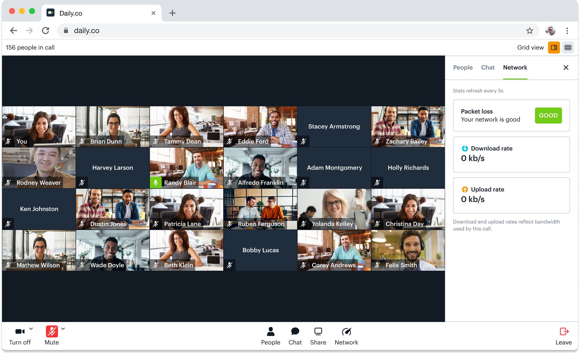 Screenshot of Daily Prebuilt video chat interface with the Network panel showing