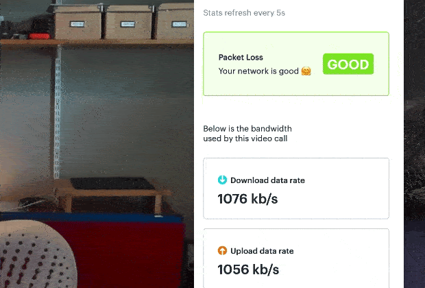 video chat interface with a network panel that displays data about the call