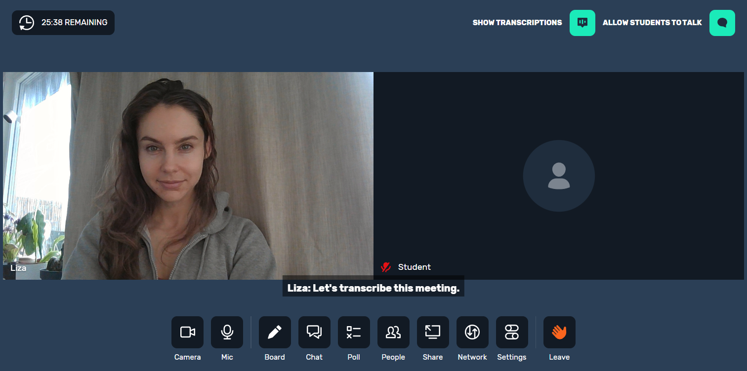Video call with the teacher's transcription appearing above call controls