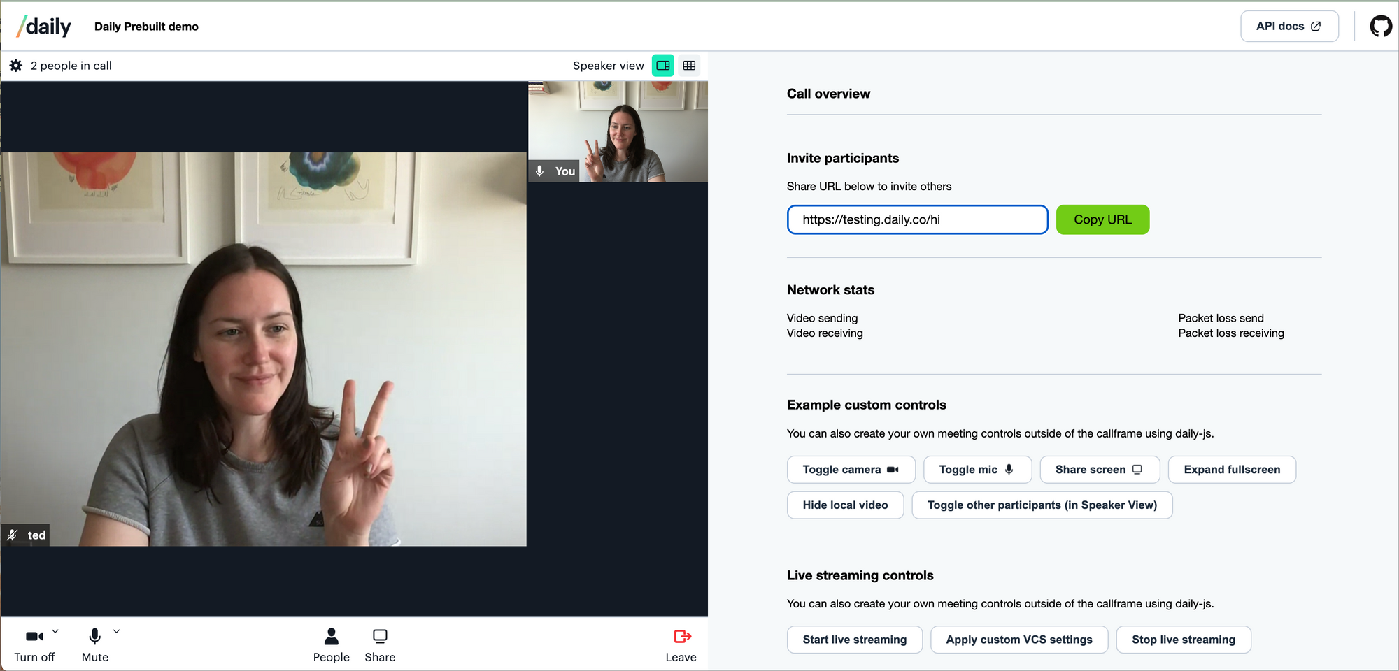 In-call demo UI with two participants and our new live streaming buttons