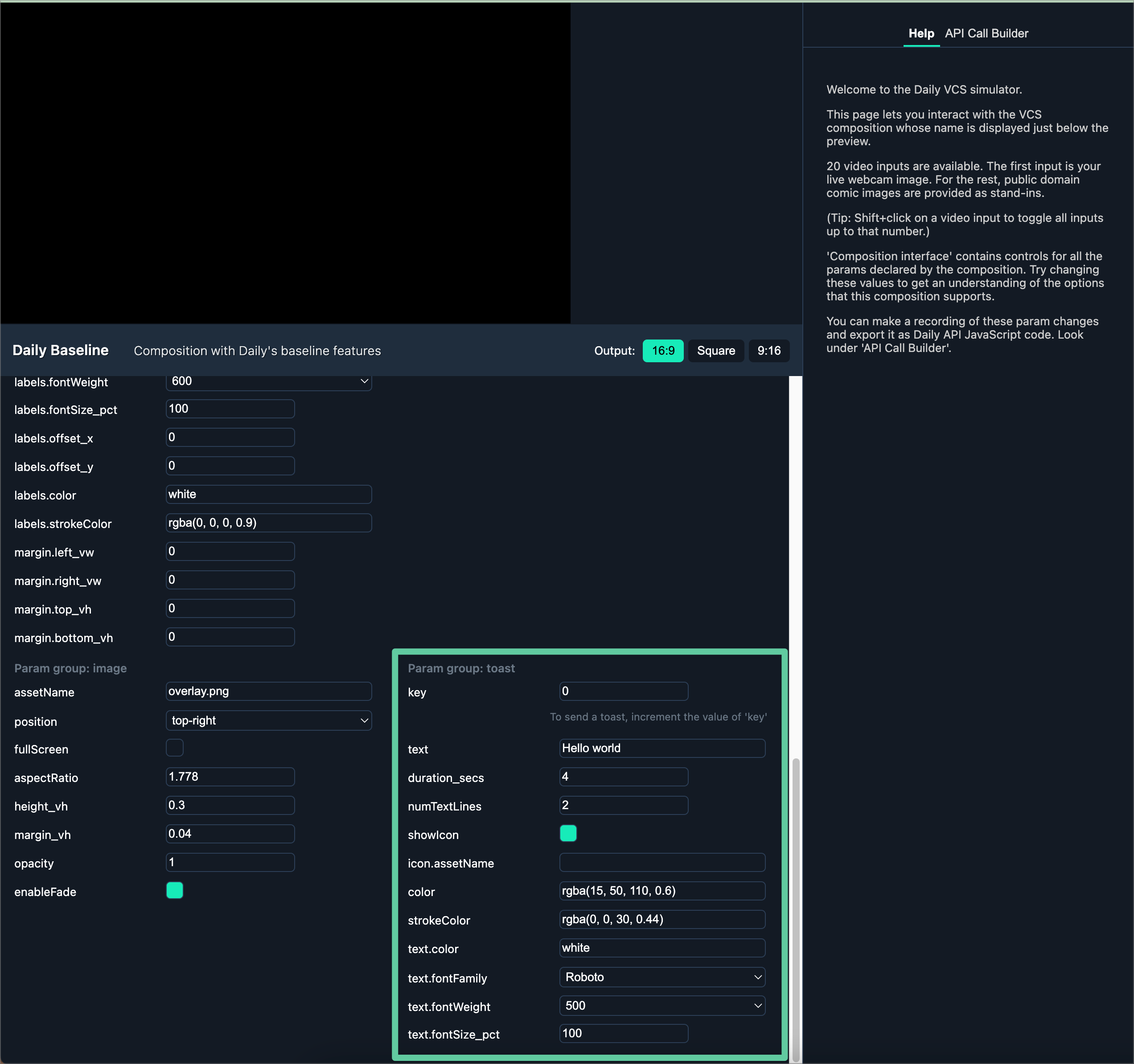 VCS Simulator with the toast component options highlighted