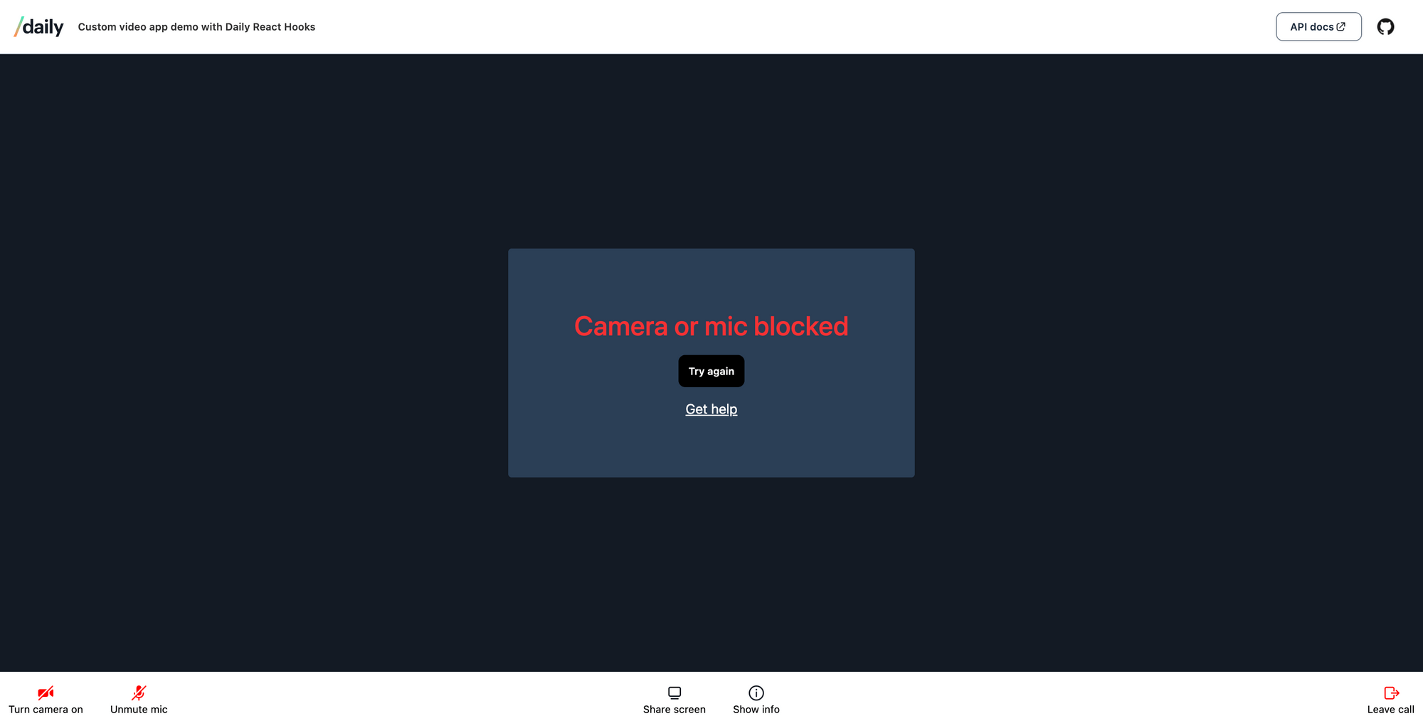 Screenshot of the home screen when there is a getUserMedia error