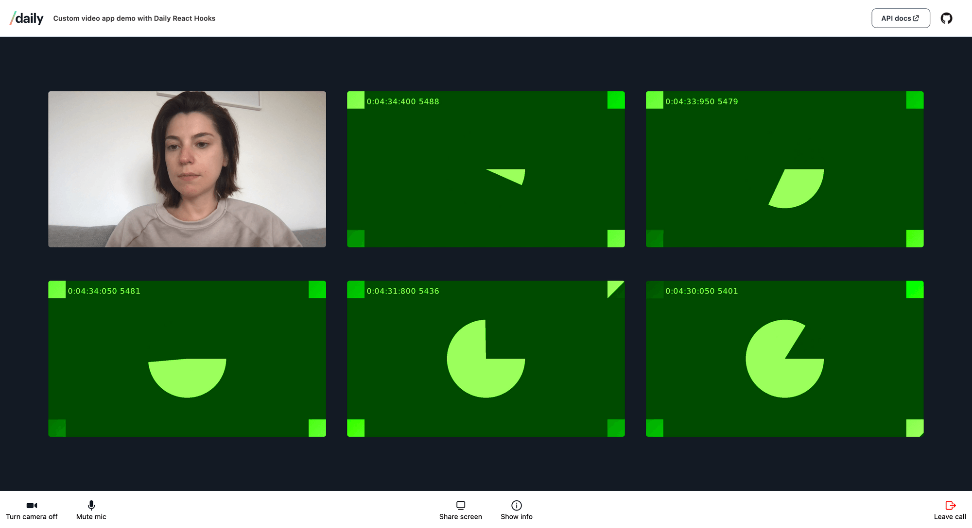 Screenshot of the app where no one is screensharing, so the video tiles in the grid are all the same size