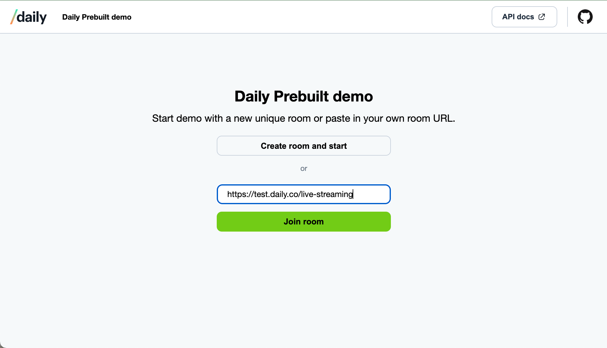 Daily Prebuilt demo home screen with a Daily room URL entered