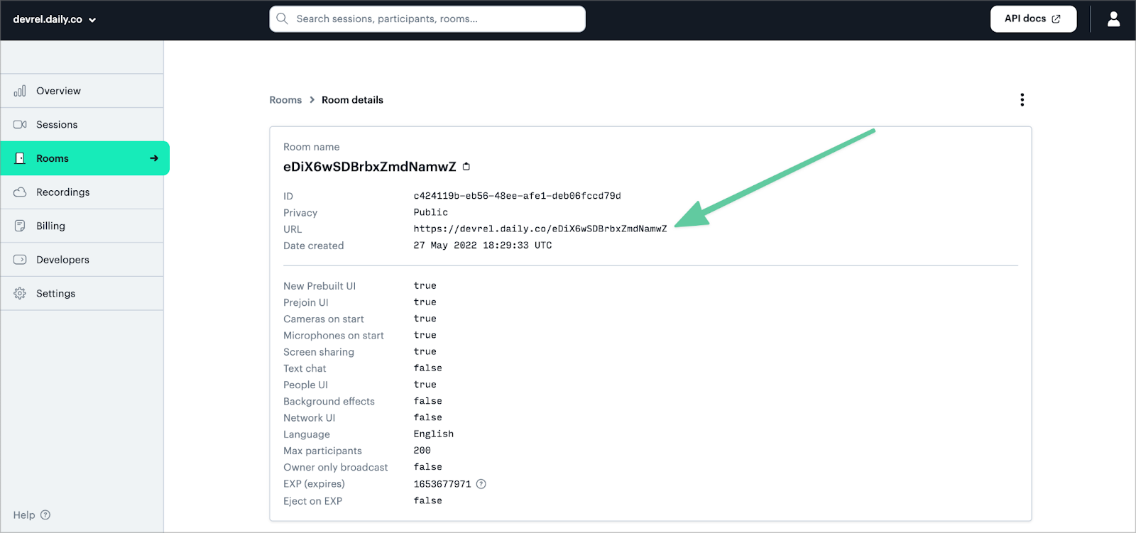 Daily dashboard room page with the room URL highlighted