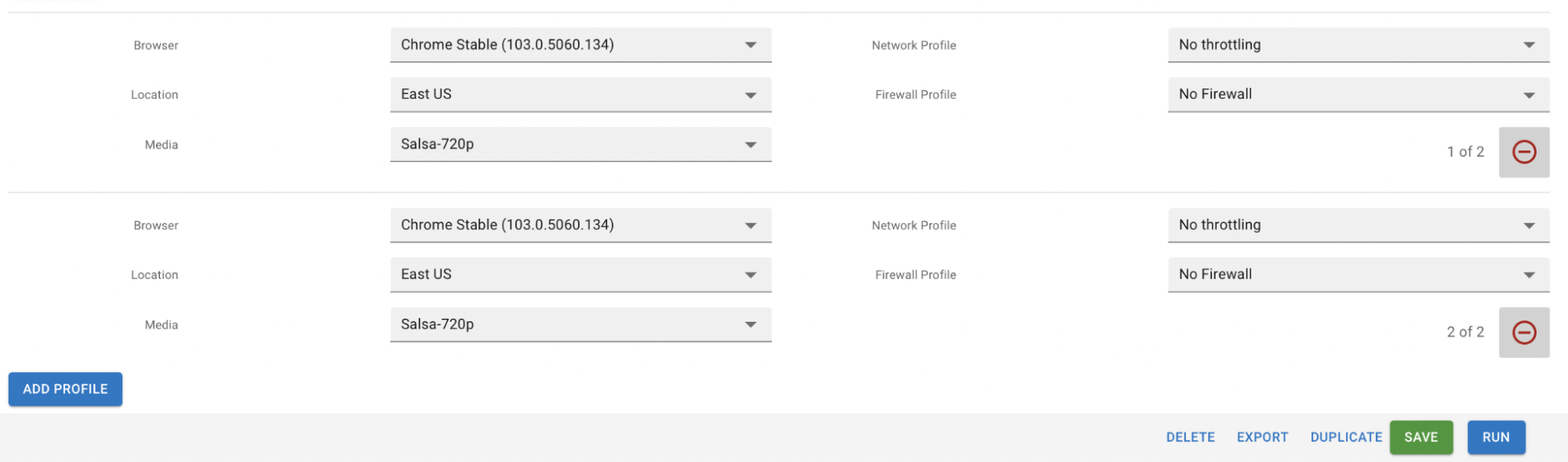 TestRTC test profile configuration