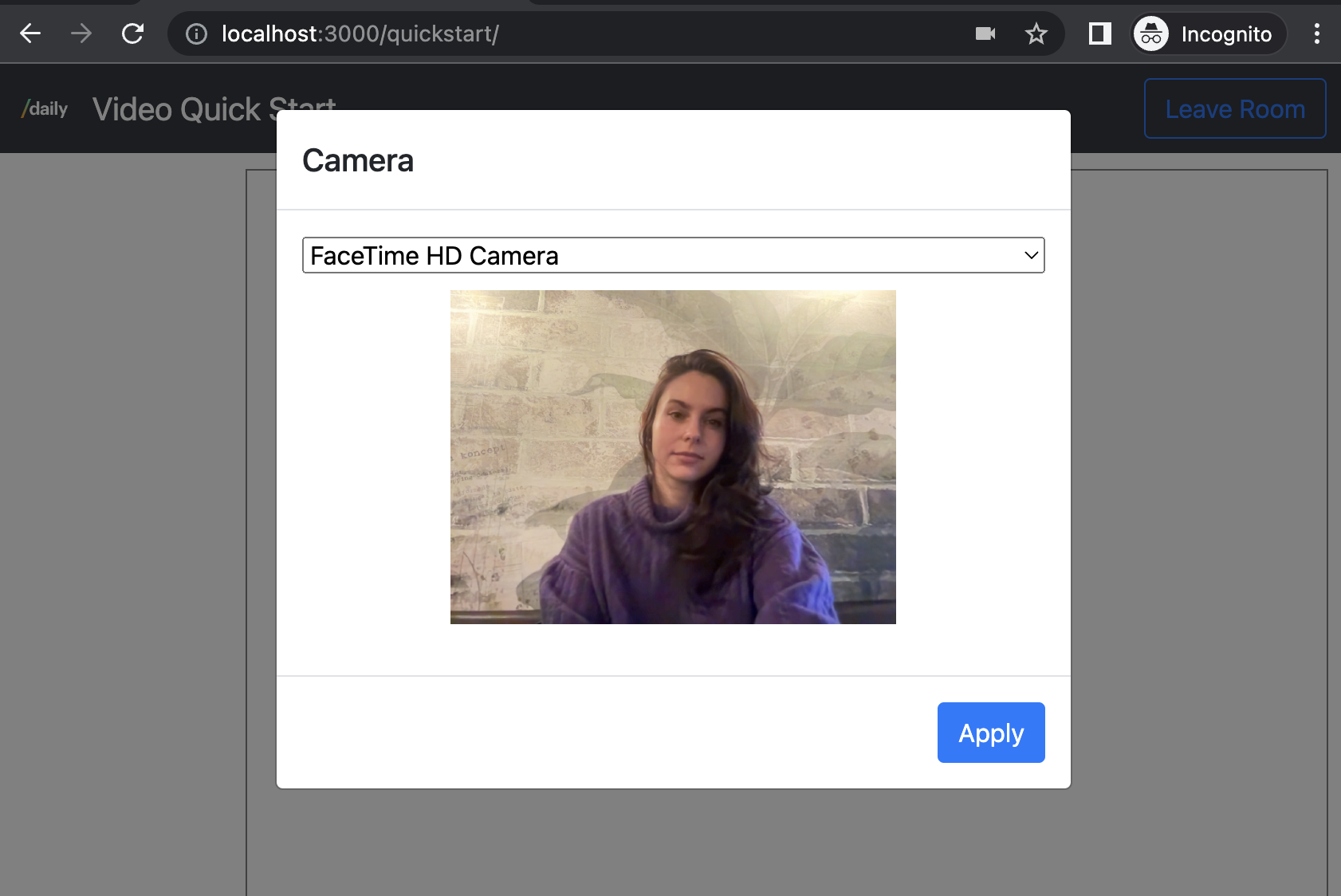 Video call application entry point, pre-join UI showing camera selection