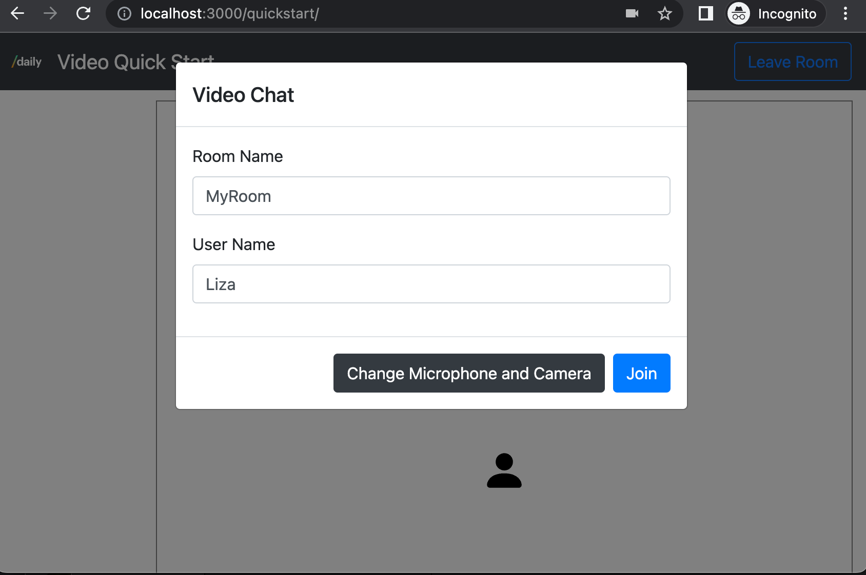 Video app lobby room name and user name input form