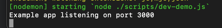 Screenshot of terminal log line saying "Example app listening on port 3000"
