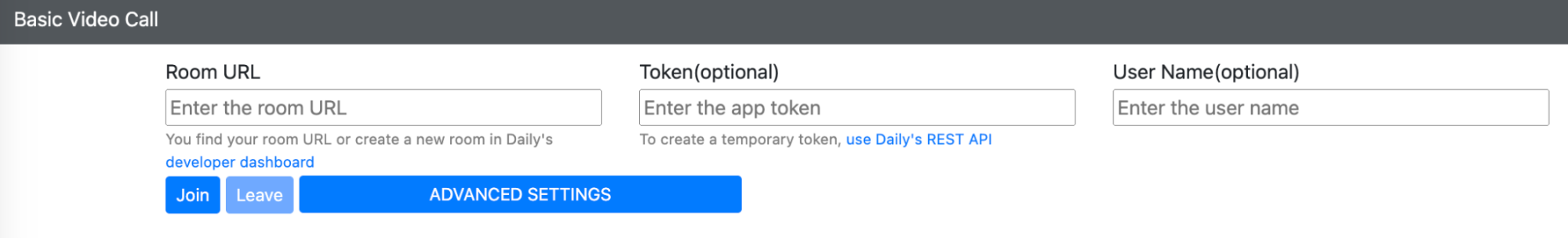 An HTML form with input fields for room URL, optional token, and optional user name