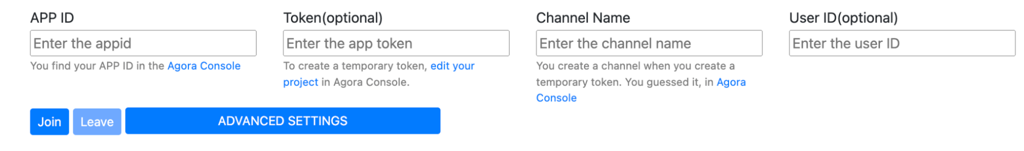 Form with Agora's original input fields (app ID, token, channel name, and user ID)