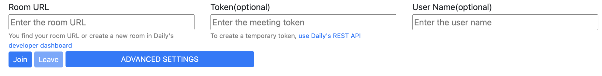 Call join form converted to Daily, with input fields for room URL, optional token, and optional user name.
