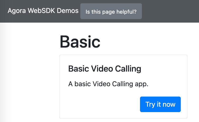 Demo entry view showing "Basic Video Calling" demo card with a button that says "Try it now"