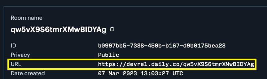 Rooms details in Daily's developer dashboard with the URL field highlighted.
