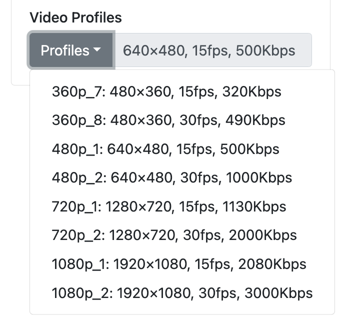 Video profile selection dialog