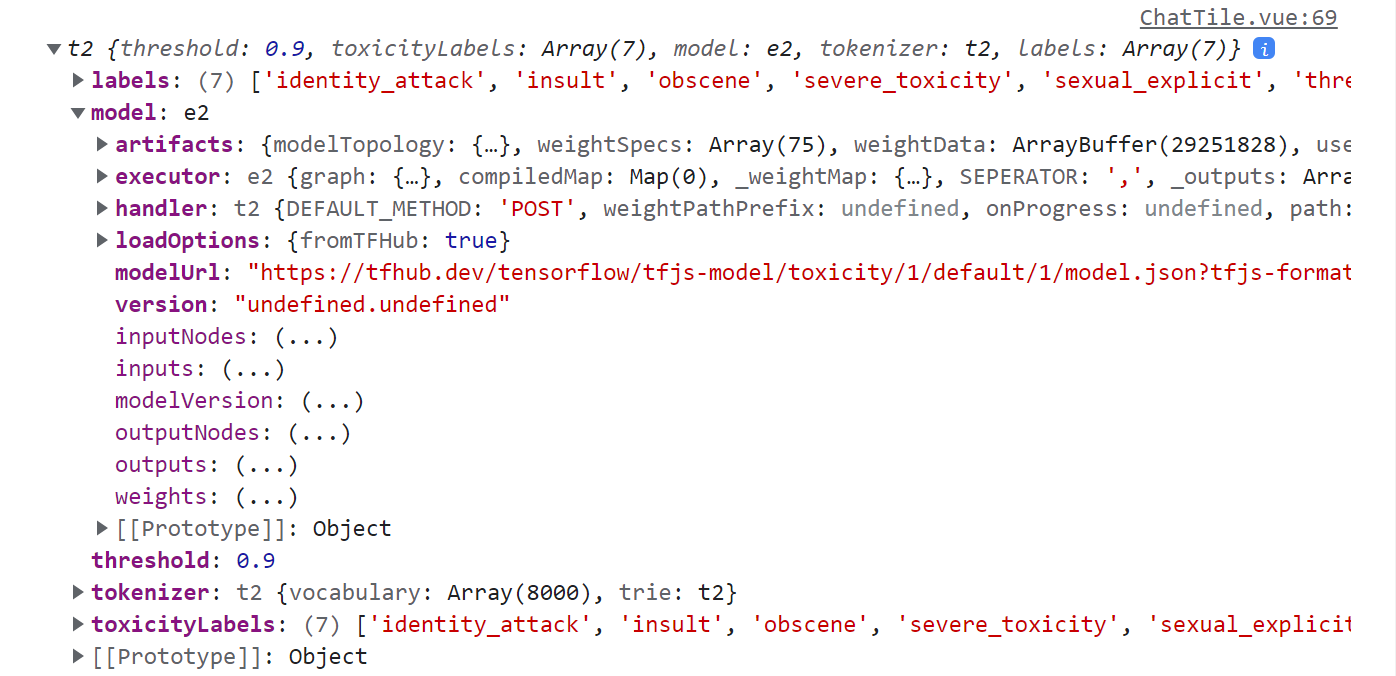 The TensorFlow.js toxicity model object, logged to the console