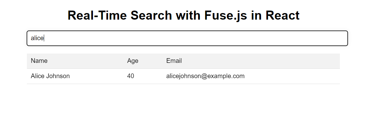 Table displaying "Alice Johnson" entry as per "alice" search term in input box