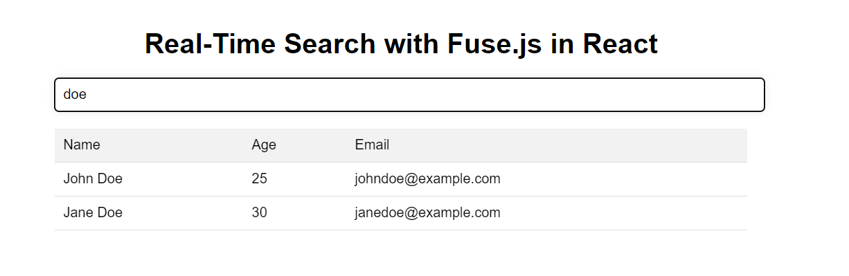 Table displaying "John Doe" and "Jane Doe" entries as per "doe" search term in input box