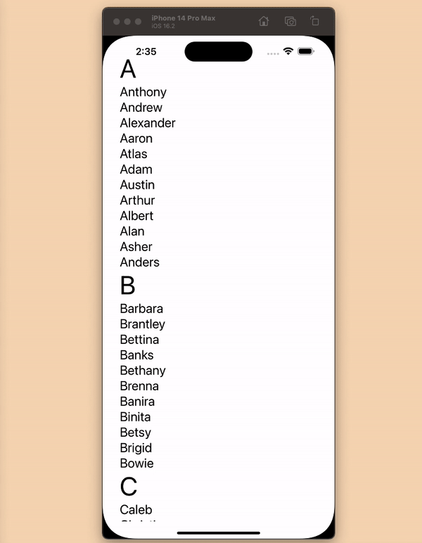 Example phone address book with alphabetized names