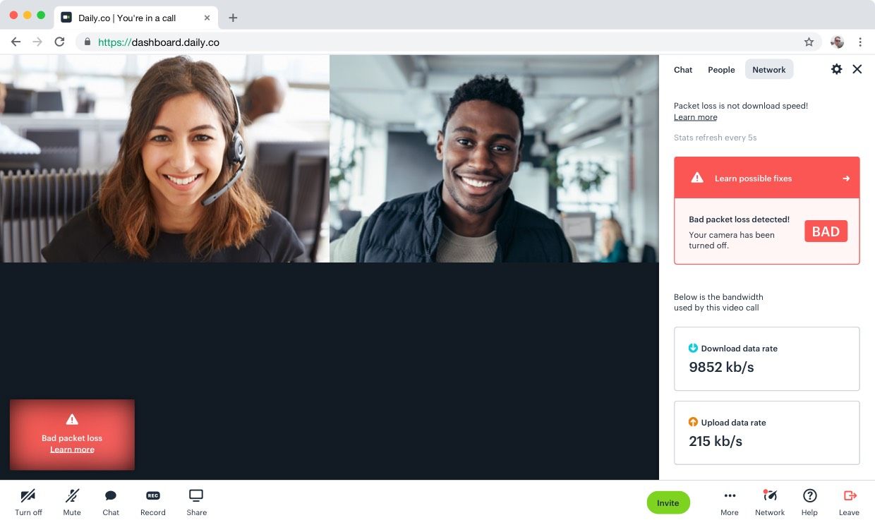Daily.co in-call network UI
