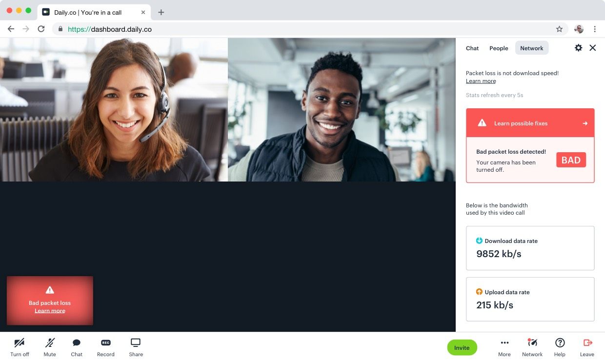 Daily.co in-call network UI 
