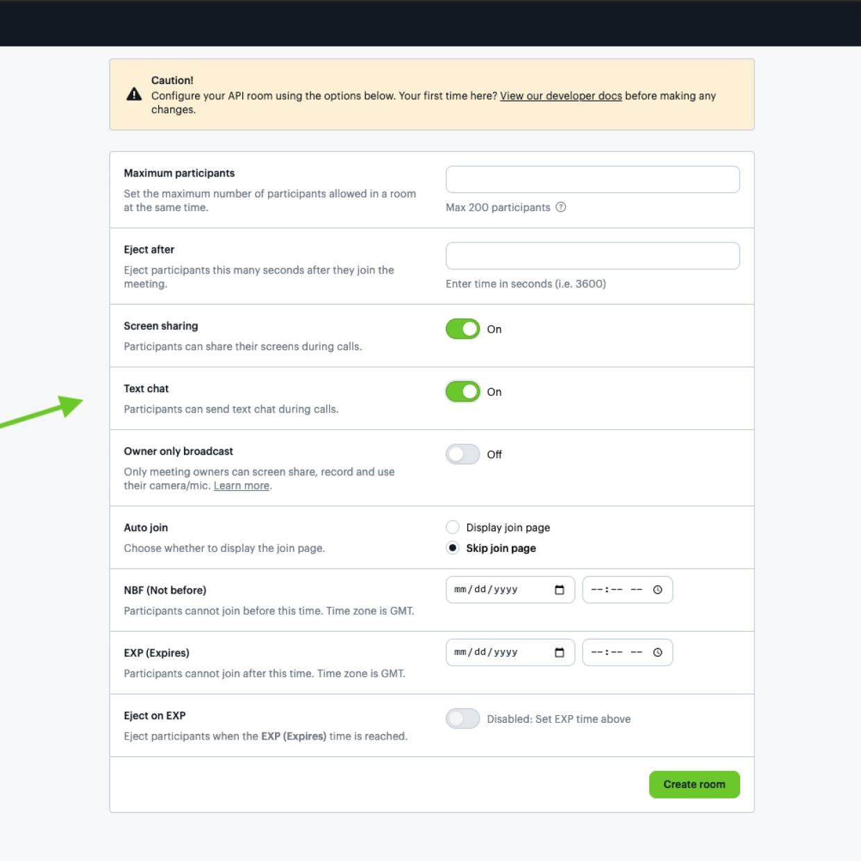 Screenshot of the Daily dashboard advanced room settings.