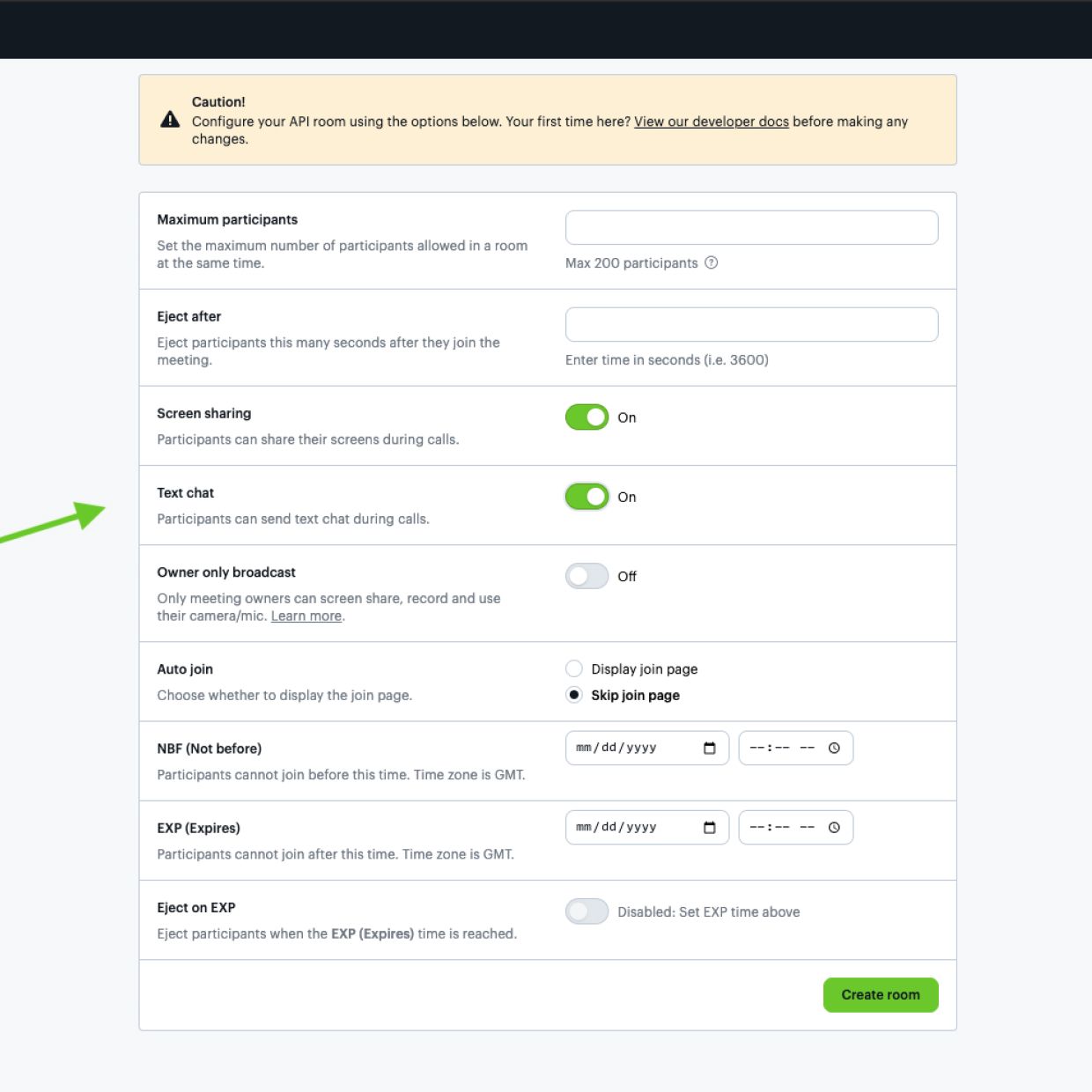 Screenshot of the Daily dashboard advanced room settings. 