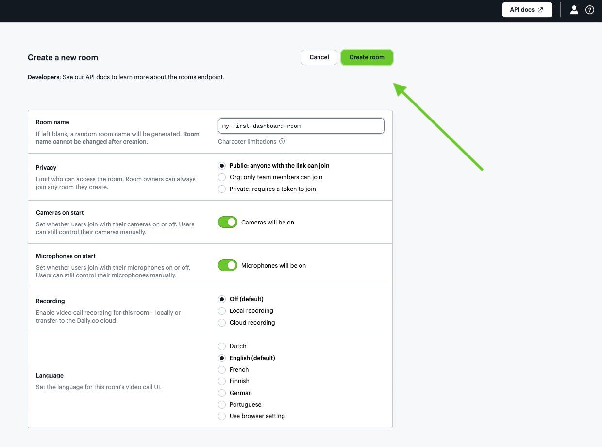 Screenshot of the Daily dashboard when creating a room