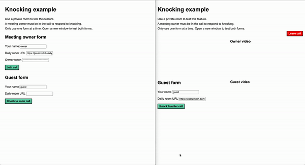 Two browser windows side by side showing owner and guest flows for the knocking example app