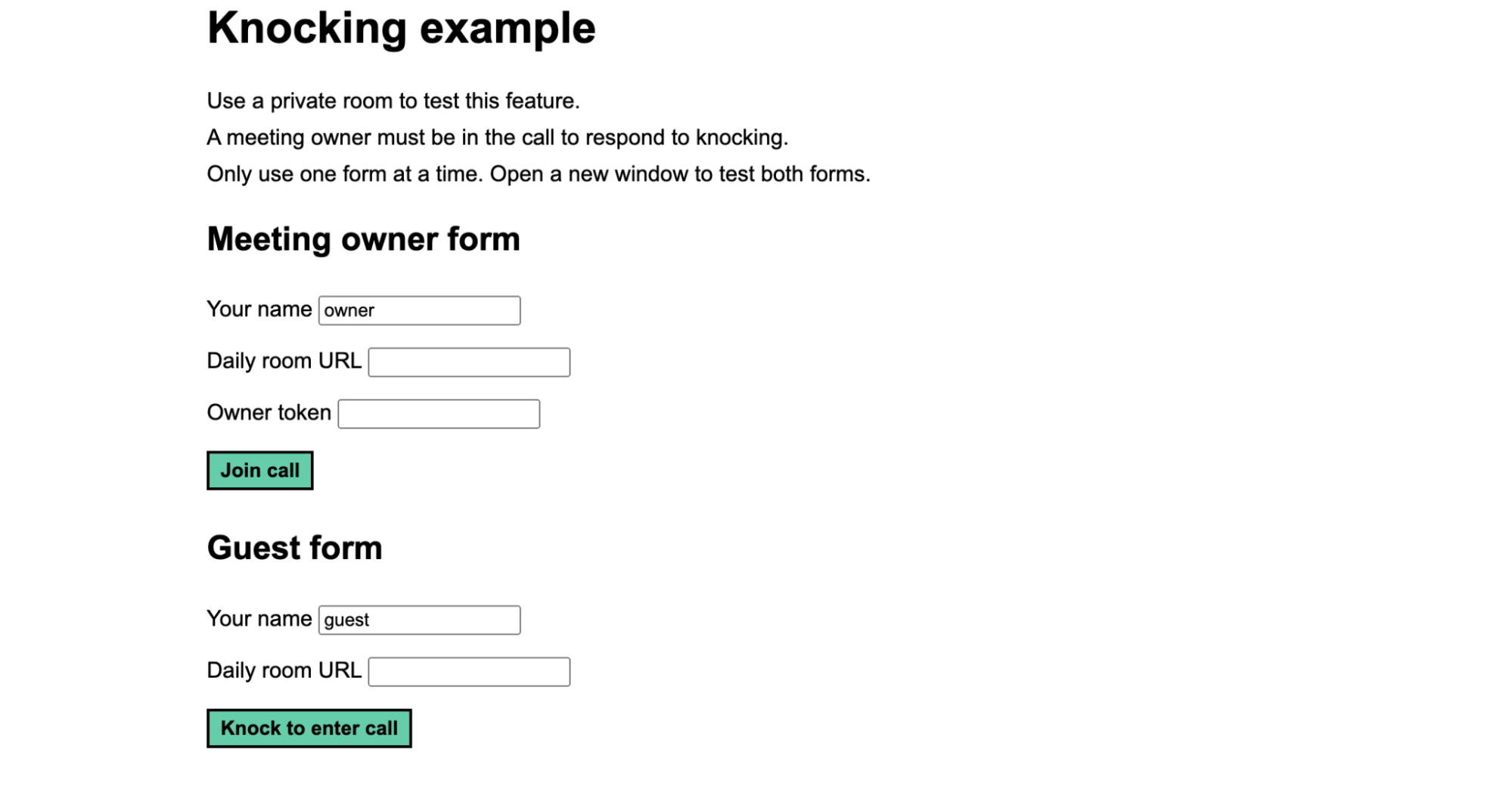 Knocking example web app, with a meeting owner join form and a guest knocking form