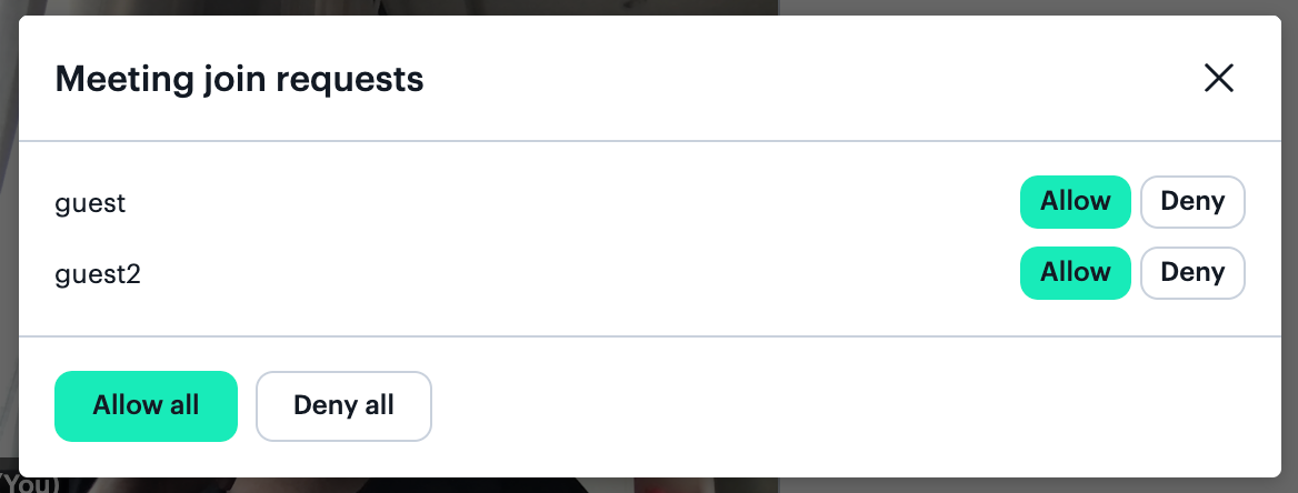 A "Meeting join requests" dialog showing two guests and allow/deny options