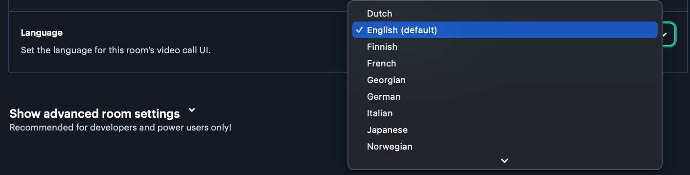 Language selection dropdown in Daily's video room configuration