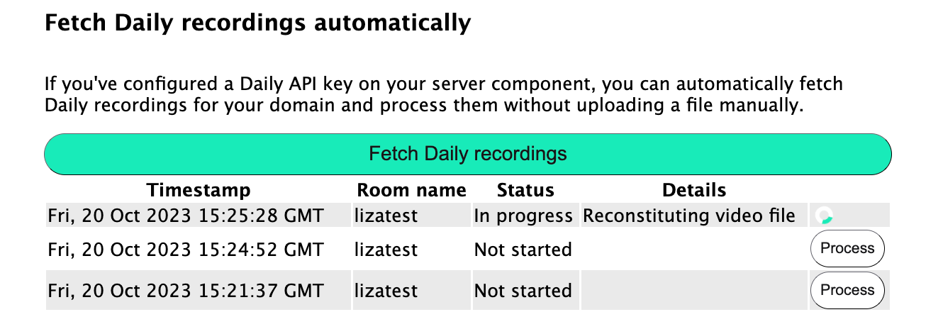 A lit of Daily recordings, one of which is marked as "In progress" with "Reconstituting video file" being shown in the detail row