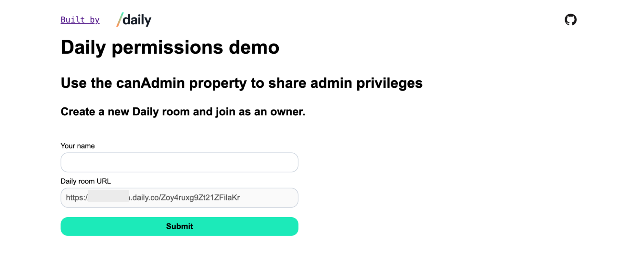 Form showing name and Daily room URL fields