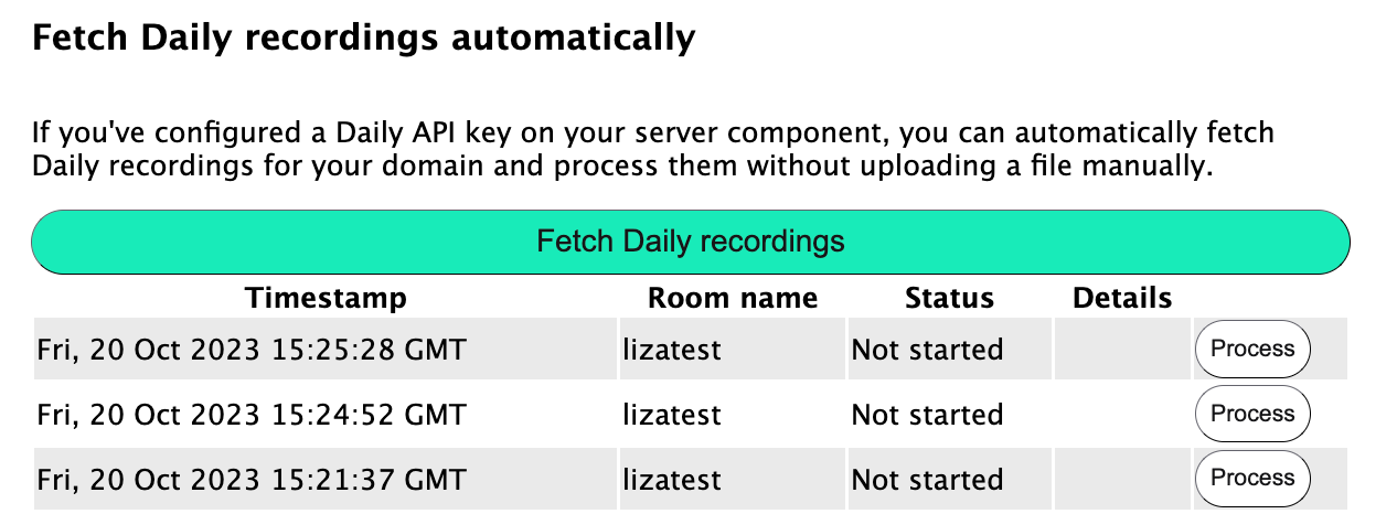 A table of Daily cloud recordings fetched for the configured domain